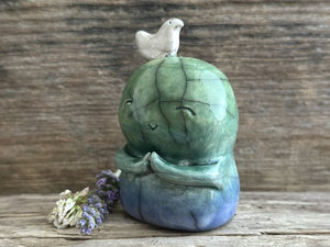 Happy Jizo peace with bird friend sculpture | raku shamanism totem, Shinto shrine