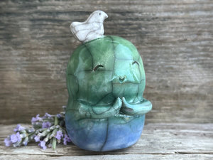 Happy Jizo with peace bird friend sculpture | raku shamanism totem, Shinto shrine