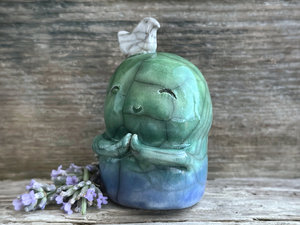 Happy Jizo with peace bird friend sculpture | raku shamanism totem, Shinto shrine