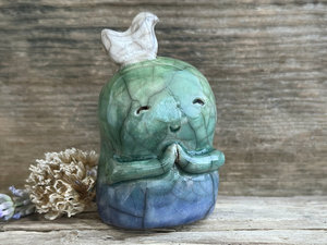 Happy peace Jizo with bird friend sculpture | raku shamanism totem, Shinto shrine