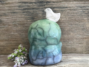Happy peace Jizo with friend bird raku sculpture | shamanism totem, Shinto shrine