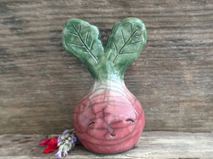 a very smiley and happy radish spirit raku ceramic sculpture. it has a round body glazed in a soft radish red colour. the top of its body fades to white, and it has two green leaves on the top of its head. body. it is round with green leaves on top!