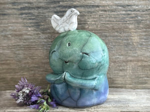 Happy peace Jizo with bird friend raku sculpture | Shinto shrine, shamanism totem