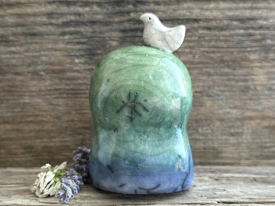 Happy Jizo peace with bird friend sculpture | raku shamanism totem, Shinto shrine