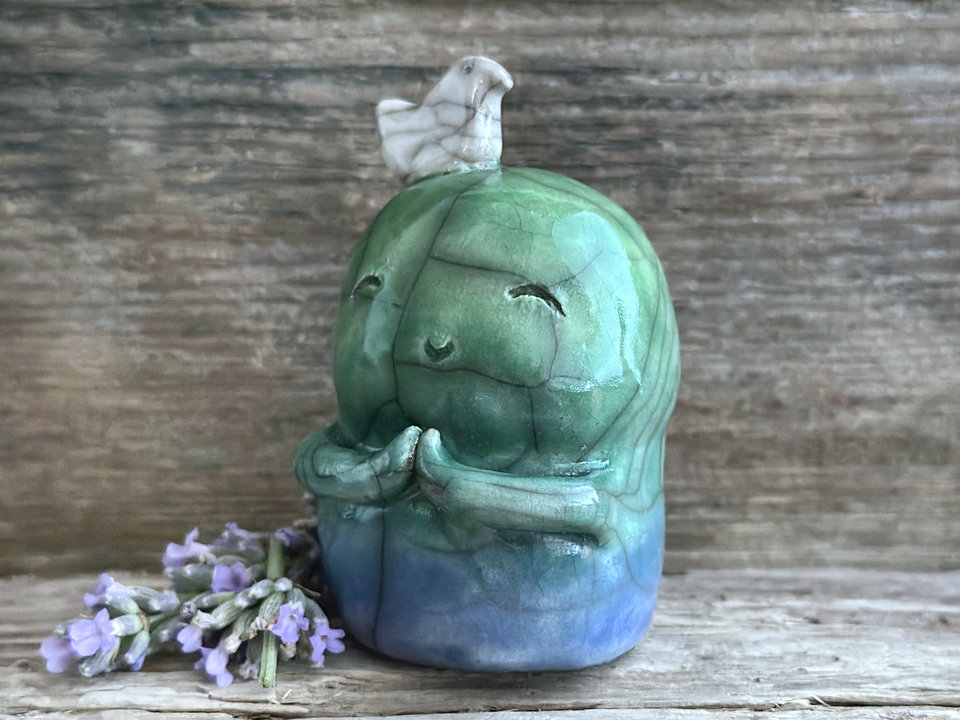Happy Jizo with peace bird friend sculpture | raku shamanism totem, Shinto shrine