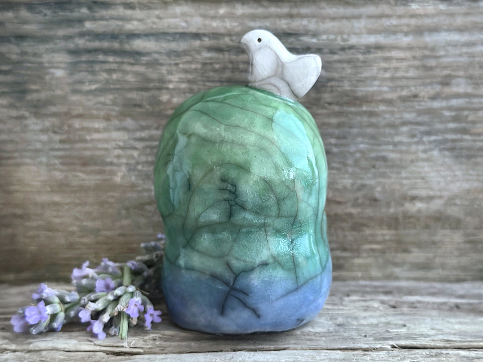 Happy Jizo with peace bird friend sculpture | raku shamanism totem, Shinto shrine