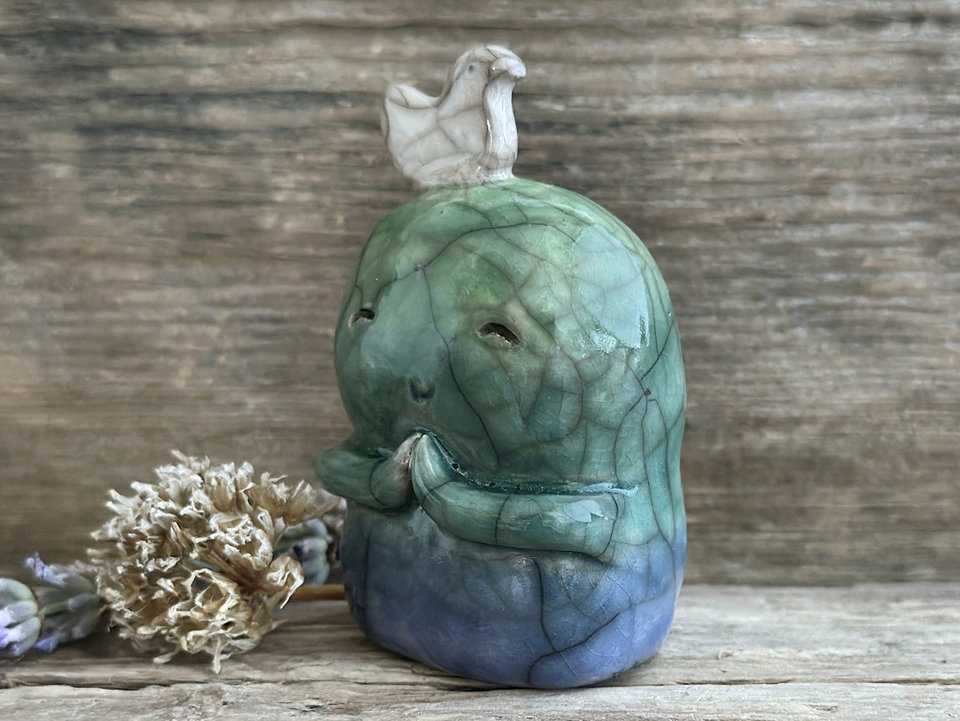 Happy peace Jizo with bird friend sculpture | raku shamanism totem, Shinto shrine