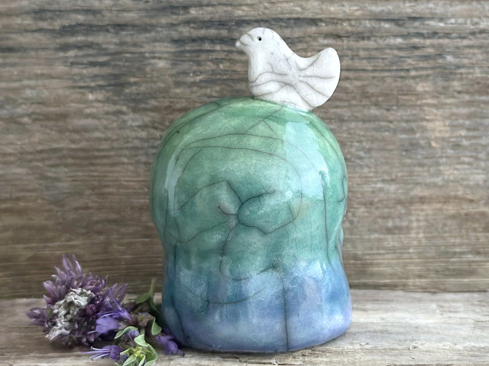 Happy peace Jizo with bird friend raku sculpture | Shinto shrine, shamanism totem