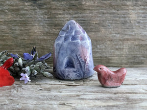 Tiny winter fairie cottage with bird spirit house raku sculpture