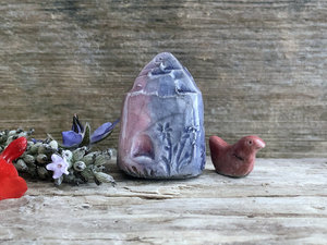 Tiny winter fairie cottage with bird spirit house raku sculpture