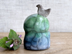 Happy peace Jizo with bird friend sculpture | raku shamanism totem, Shinto shrine