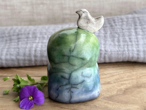 Happy peace Jizo with bird friend sculpture | raku shamanism totem, Shinto shrine