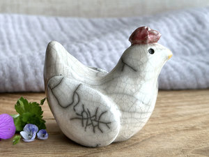 Gently expectant chicken friend raku sculpture | Shinto guardian, shamanism totem statue