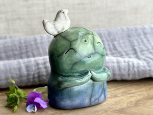 Happy peace Jizo with friend bird sculpture | raku shamanism totem, Shinto shrine