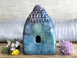 Earth and sky spirit cottage, raku ceramic faerie house shrine