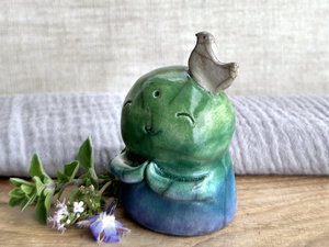 Happy peace Jizo with bird friend sculpture | raku shamanism totem, Shinto shrine