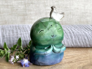 Happy peace Jizo with bird friend sculpture | raku shamanism totem, Shinto shrine