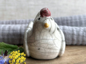 Kind and pensive chicken friend raku sculpture | Shinto guardian, shamanism statue