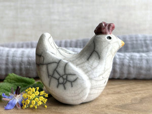 Kind and pensive chicken friend raku sculpture | Shinto guardian, shamanism statue
