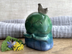 Happy peace Jizo with bird friend sculpture | raku shamanism totem, Shinto shrine