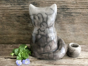 Hugging kitsune fox kami nature spirit raku sculpture | Shinto shamanism guardian
