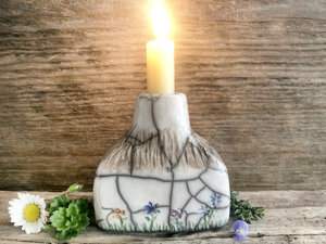 Country cottage sculpture, raku candlestick spirit house | Shinto shrine, paganism, shamanism | magical cottagecore candle holder