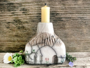 Country cottage sculpture, raku candlestick spirit house | Shinto shrine, paganism, shamanism | magical cottagecore candle holder