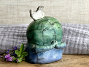 Happy peace Jizo with bird friend sculpture | raku shamanism totem, Shinto shrine