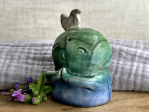 Happy peace Jizo with bird friend sculpture | raku shamanism totem, Shinto shrine