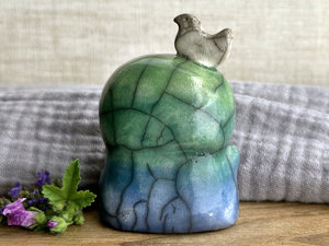Happy peace Jizo with bird friend sculpture | raku shamanism totem, Shinto shrine