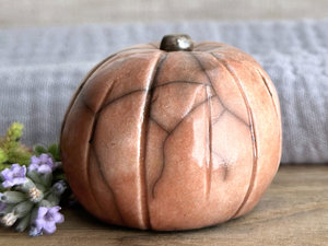 Happy rustic pumpkin guardian spirit sculpture for Halloween, Samhain, autumn, fall