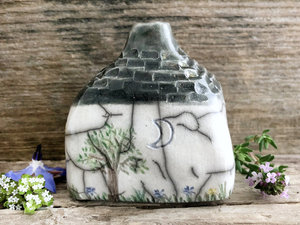 Seaside cottage raku sculpture, fairie spirit ceramic house