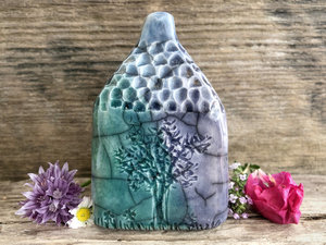 Earth and sky spirit cottage, raku ceramic faerie house shrine
