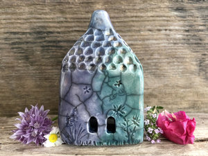 Earth and sky spirit cottage, raku ceramic faerie house shrine
