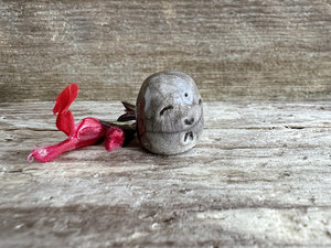 Pocket-sized tiny Jizo ceramic raku Shinto statue sculpture glazed in brown. Very smiley, happy, and loving for a shrine or kamidana.