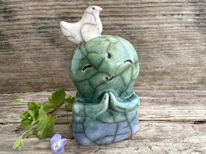 Happy peace Jizo with friend bird sculpture | raku shamanism totem, Shinto shrine