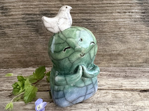 Happy peace Jizo with friend bird sculpture | raku shamanism totem, Shinto shrine