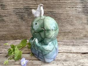 Happy peace Jizo with friend bird sculpture | raku shamanism totem, Shinto shrine