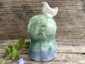Happy peace Jizo with friend bird sculpture | raku shamanism totem, Shinto shrine