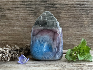 Tiny winter fairie cottage spirit house raku ceramic sculpture