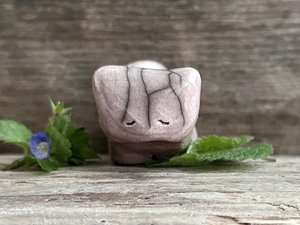 Sleepy pink cat kami sculpture | cute guardian for Shinto, shamanism