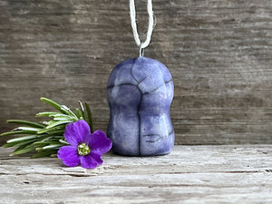 Happy Jizo pendant, ceramic on adjustable flax cord | Shinto guardian spirit