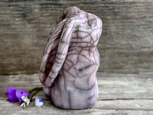 Gentle rabbit kami spirit guardian sculpture | Shinto shamanism raku bunny figure