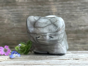 Sleepy grey cat kami guardian spirit raku sculpture | Shinto shamanism statue