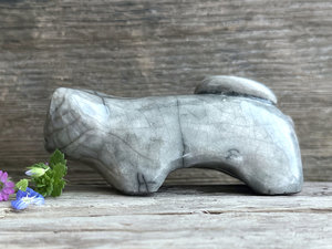 Sleepy grey cat kami guardian spirit raku sculpture | Shinto shamanism statue