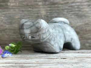 Sleepy grey cat kami guardian spirit raku sculpture | Shinto shamanism statue