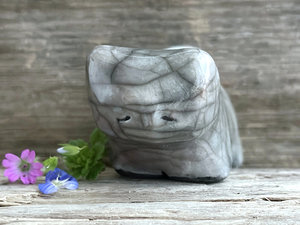 Sleepy grey cat kami guardian spirit raku sculpture | Shinto shamanism statue