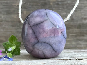 Happy guardian worry stone ceramic pendant (violet/mauve), adjustable flax cord