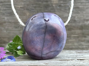 Happy guardian worry stone ceramic pendant (violet/mauve), adjustable flax cord