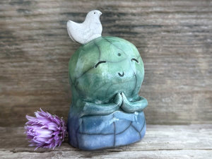Happy Jizo with peace bird friend sculpture | raku shamanism totem, Shinto shrine